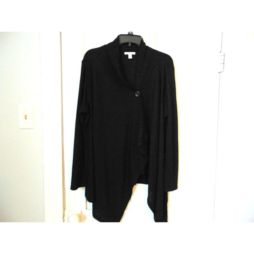 Ribbed Black Draped Cardigan By Dana Buckman Size XL petite one button closure